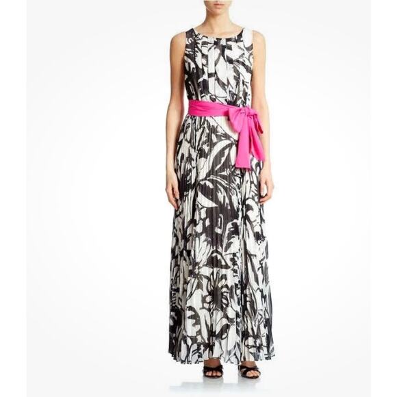 EUC Eliza J 6 Pleated Chiffon Floral Gown Wedding Maxi Dress Black White Pink - Picture 1 of 15